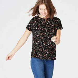 J Jill Luxe Supima Black Floral Relaxed Tee Top